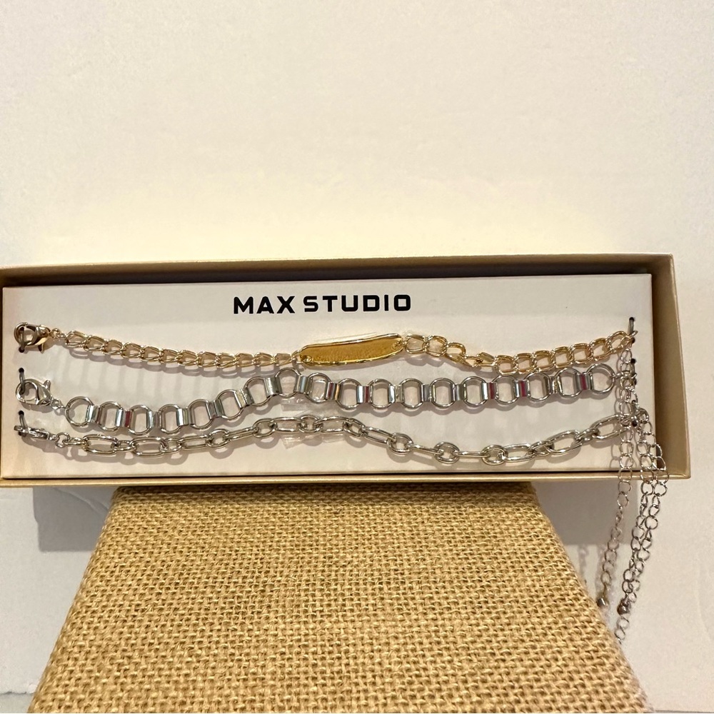 New in Box Set of 3 Bracelets by Max Studios, chains - 2 silver tone, 1 gold